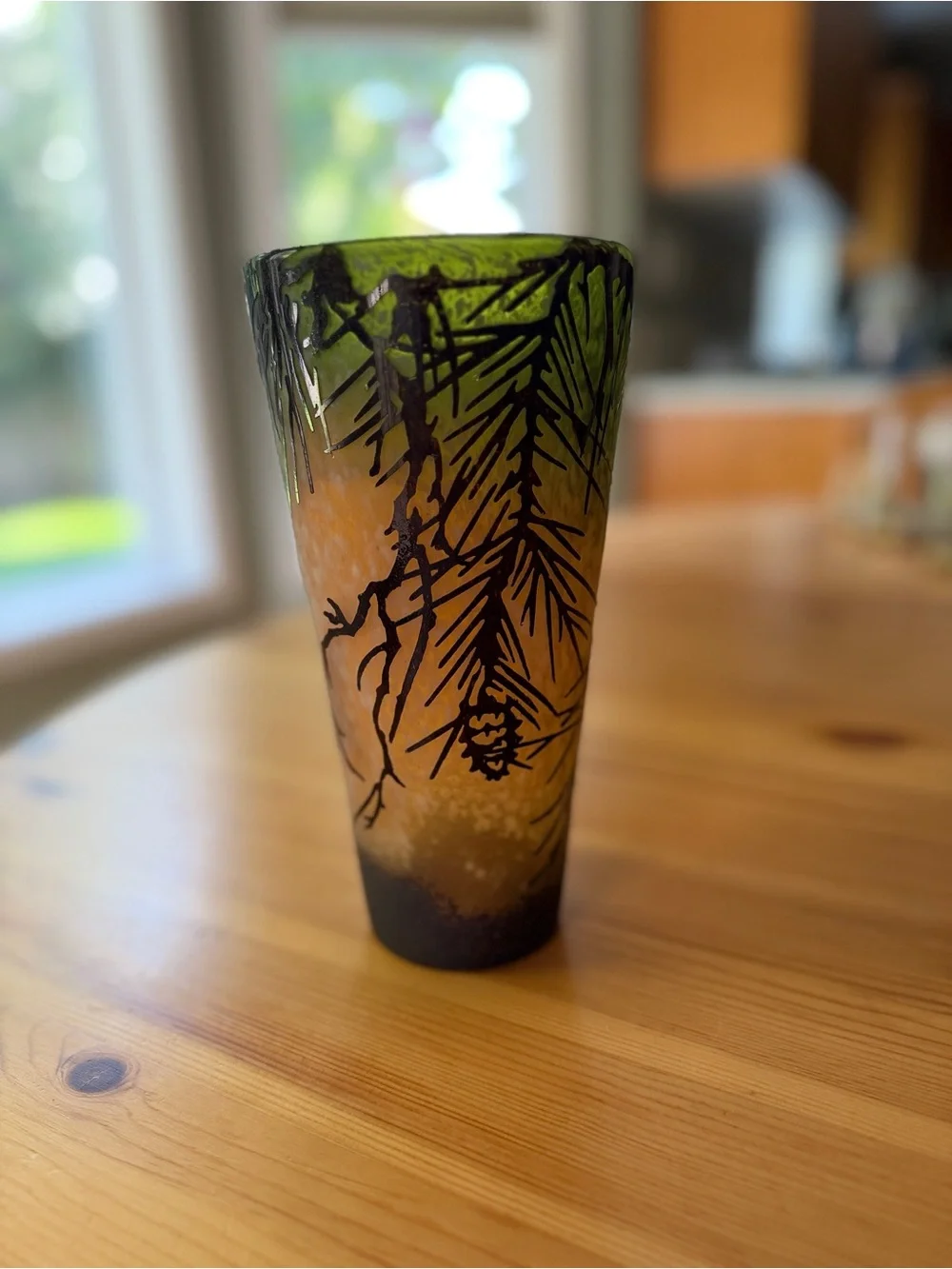 Pinecone Evergreen Art Glass Hurricane Candle Holder Vase 9”